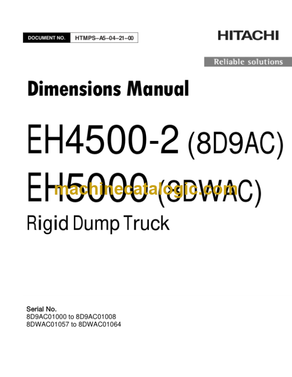 Hitachi EH4500-2, EH5000 TS22001 Rigid Dump Truck Dimensions Manual