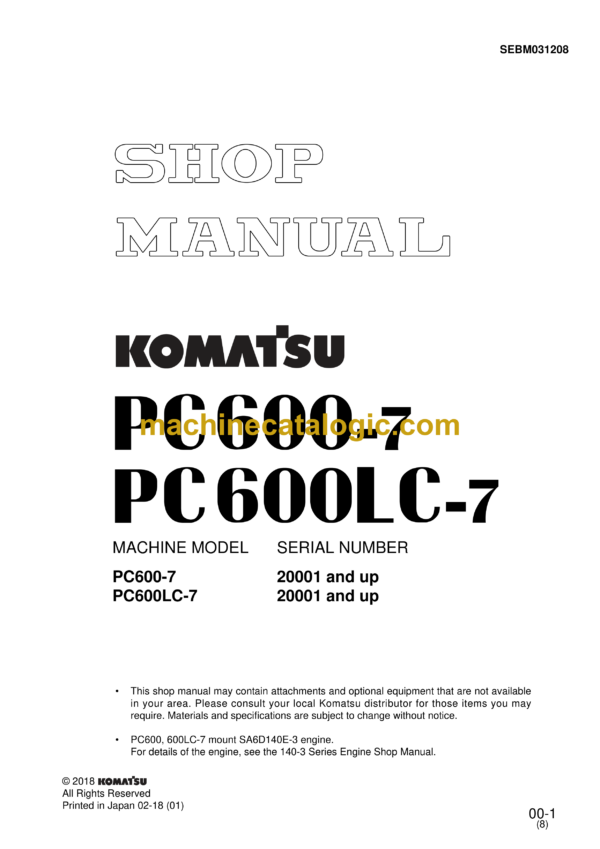 Komatsu PC600-7 PC600LC-7 Hydraulic Excavator Shop Manual (SEBM031208)