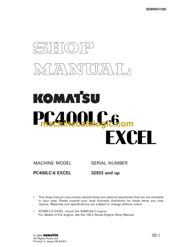 Komatsu PC400LC-6 Excel Hydraulic Excavator Shop Manual (SEBM037200)