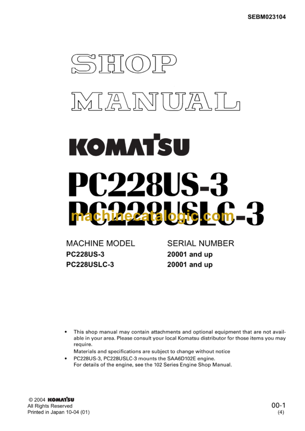 Komatsu PC228US-3, PC228USLC-3 Hydraulic Excavator Shop Manual (SEBM023104)