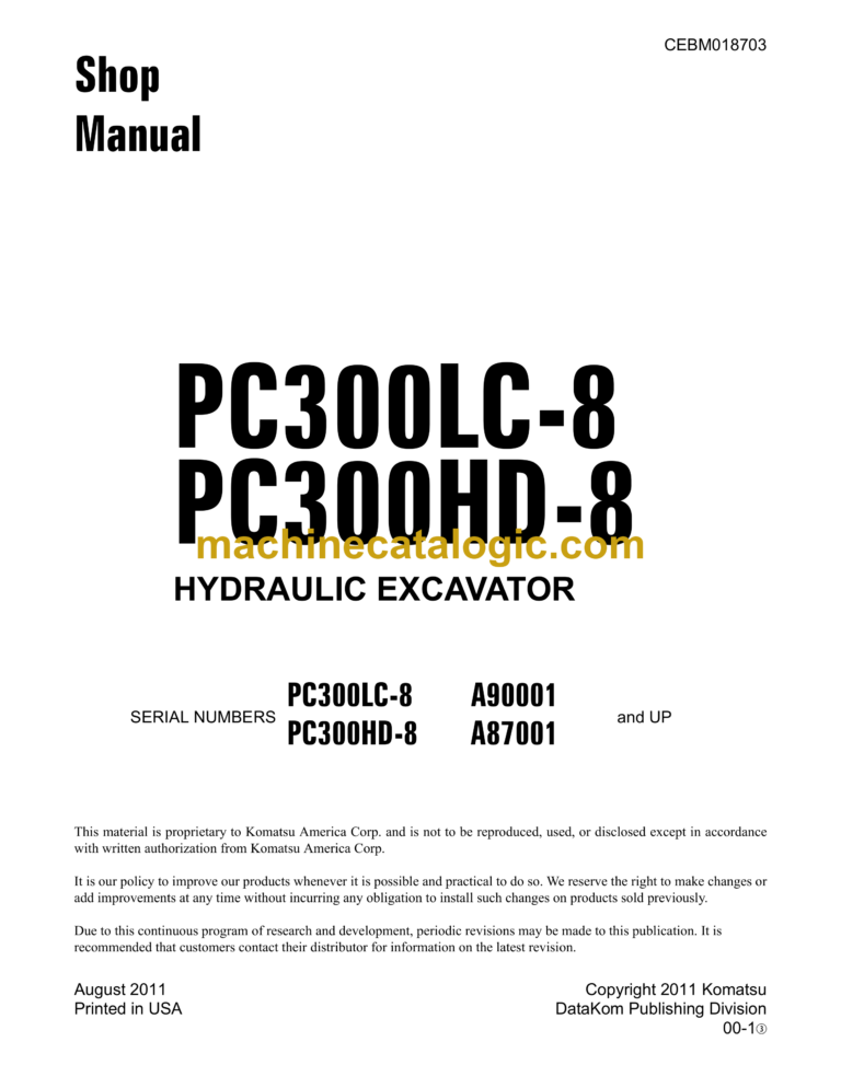 Komatsu PC300LC-8 PC300HD-8 Hydraulic Excavator Shop Manual (CEBM018703)