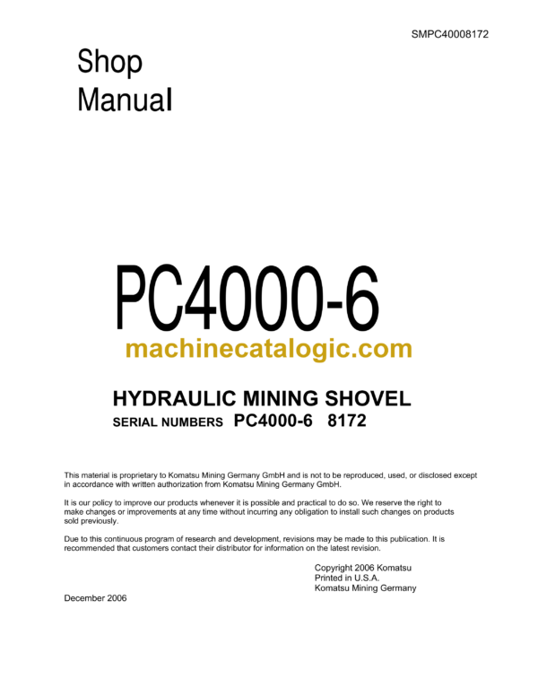 Komatsu PC4000-6 Hydraulic Excavator Shop Manual (SMPC40008172)