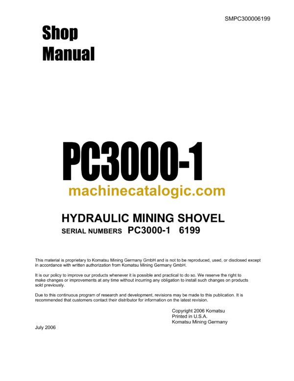 Komatsu PC3000-1 Hydraulic Mining Shovel Shop Manual (SMPC300006199)