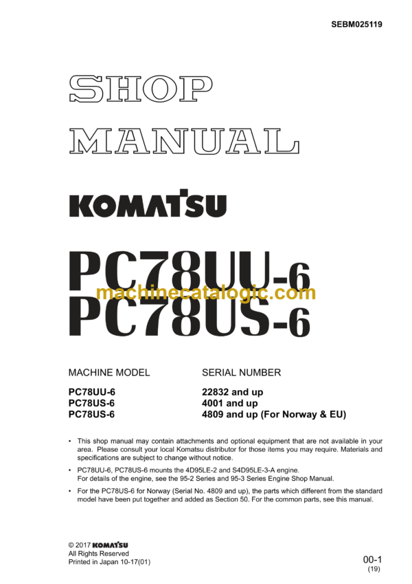 Komatsu PC78UU-6 PC78US-6 Hydraulic Excavator Shop Manual (SEBM025119)