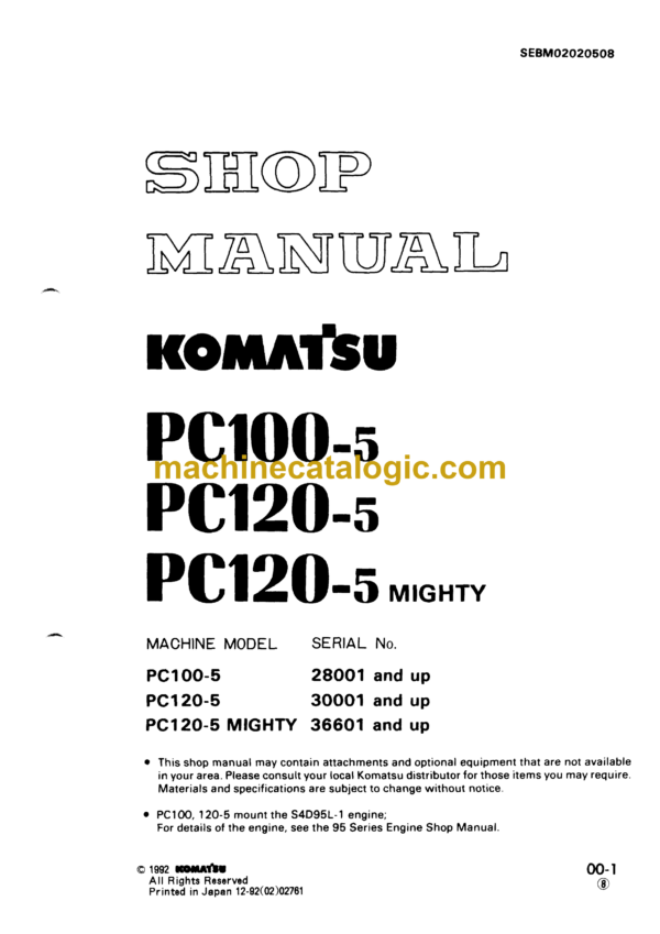 Komatsu PC100-5 PC120-5 Mighty Hydraulic Excavator Shop Manual (SEBM02020508)