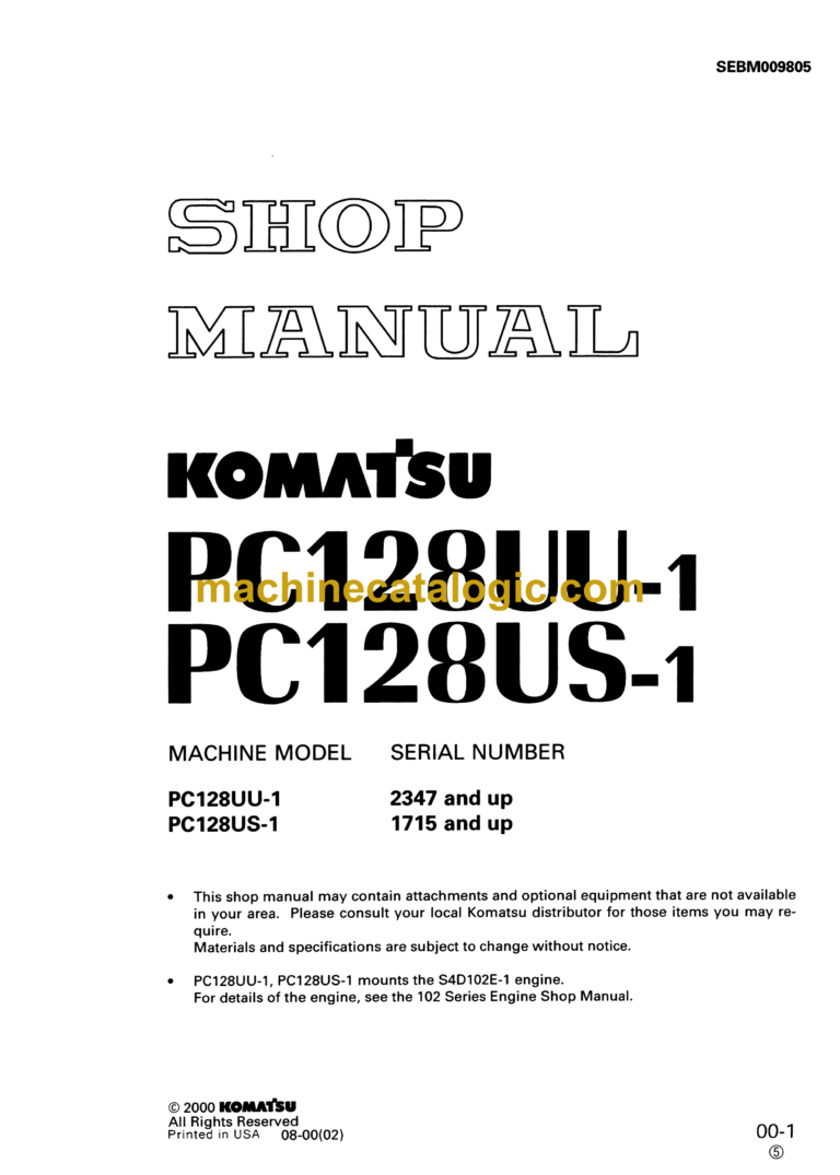 Komatsu PC128UU-1 PC128US-1 Hydraulic Excavator Shop Manual (SEBM009805)