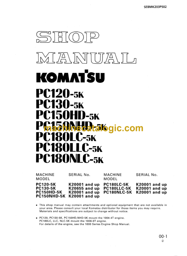 Komatsu PC120-5K PC130-5K PC150HD-5K PC150NHD-5K PC180LC-5K PC180LLC-5K PC180NLC-5K Hydraulic Excavator Shop Manual (SEBMK203P502)