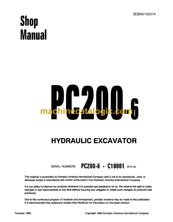 Komatsu PC200-6 Hydraulic Excavator Shop Manual (SEBM010201K)