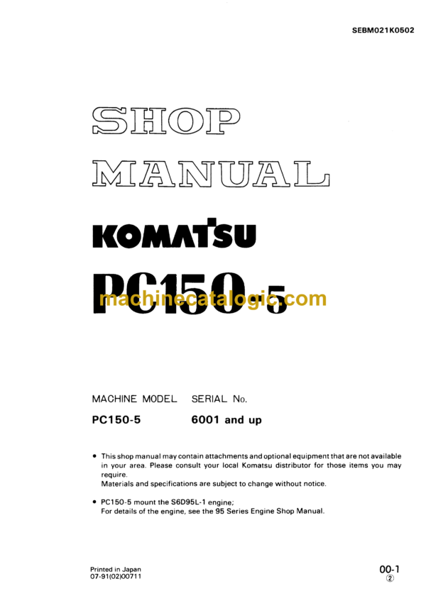 Komatsu PC150-5 Hydraulic Excavator Shop Manual (SEBM021K0502)