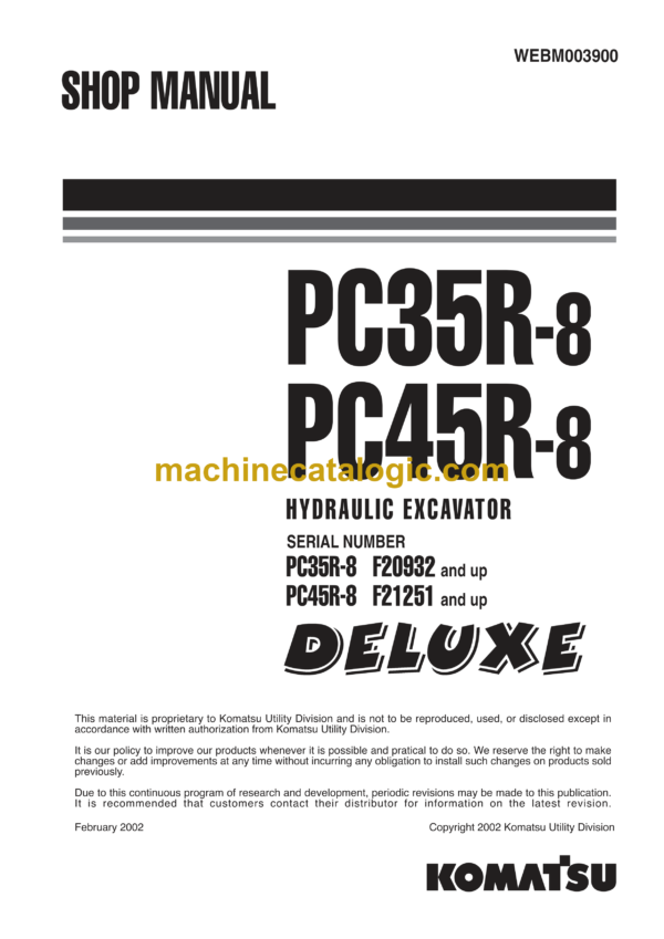 Komatsu PC35R-8 PC45R-8 Deluxe Hydraulic Excavator Shop Manual (WEBM003900)