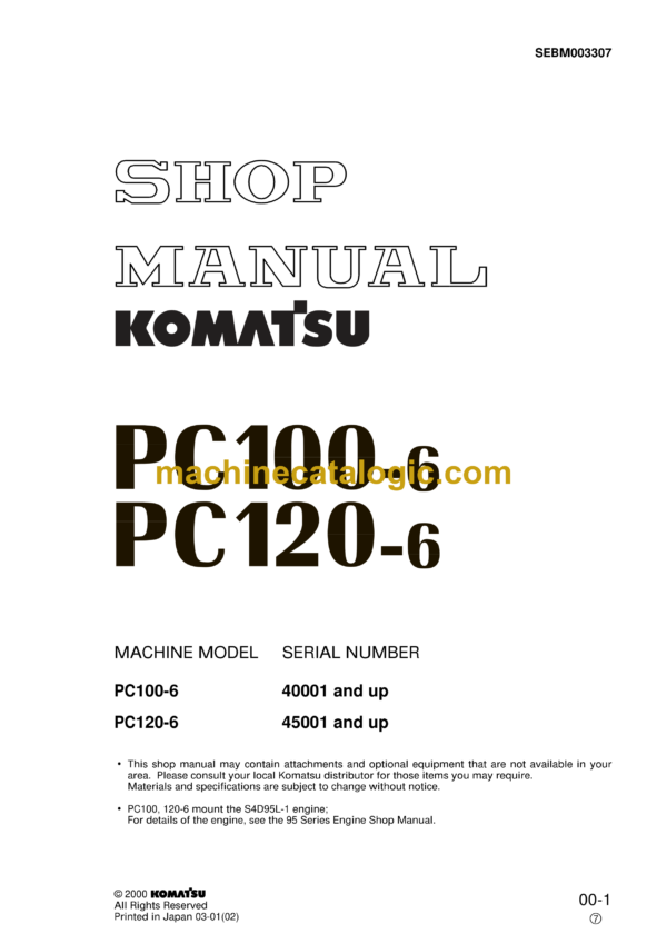 Komatsu PC100-6 PC1202-6 Hydraulic Excavator Shop Manual (SEBM003307)