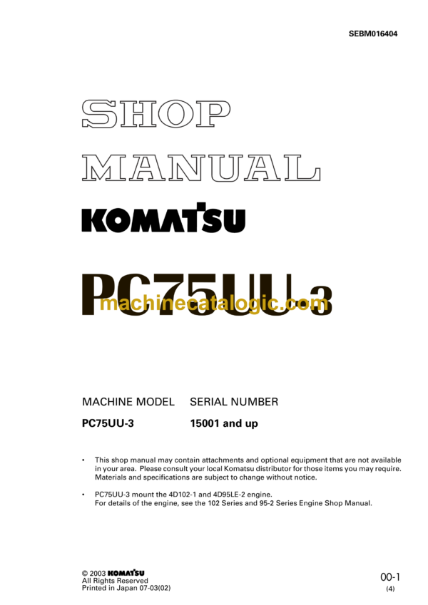 Komatsu PC75UU-3 Hydraulic Excavator Shop Manual (SEBM016404)