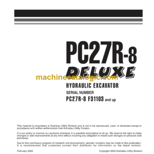 Komatsu PC27R-8 Deluxe Hydraulic Excavator Shop Manual (WEBM003800)