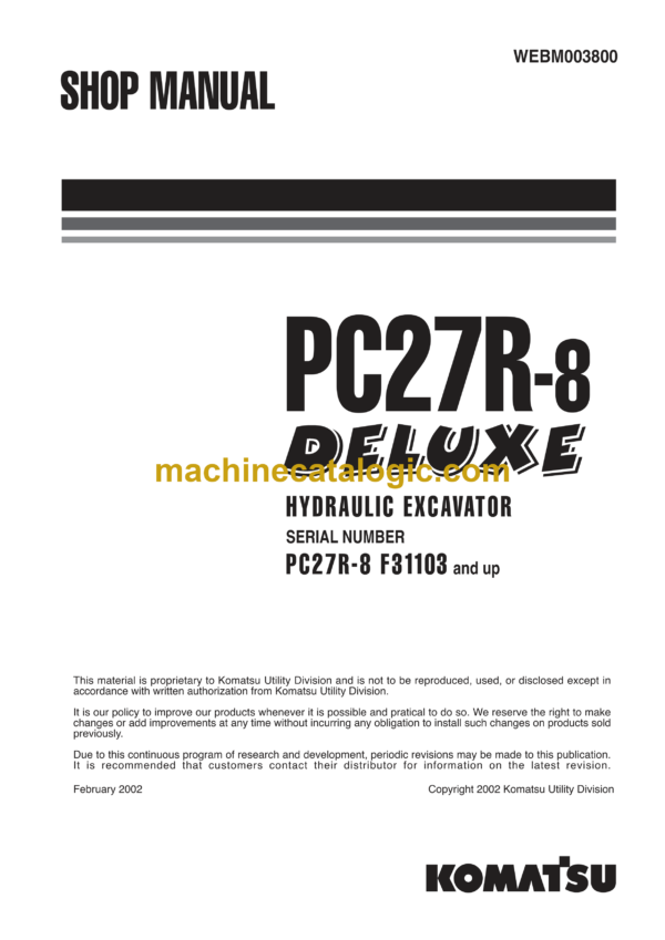 Komatsu PC27R-8 Deluxe Hydraulic Excavator Shop Manual (WEBM003800)