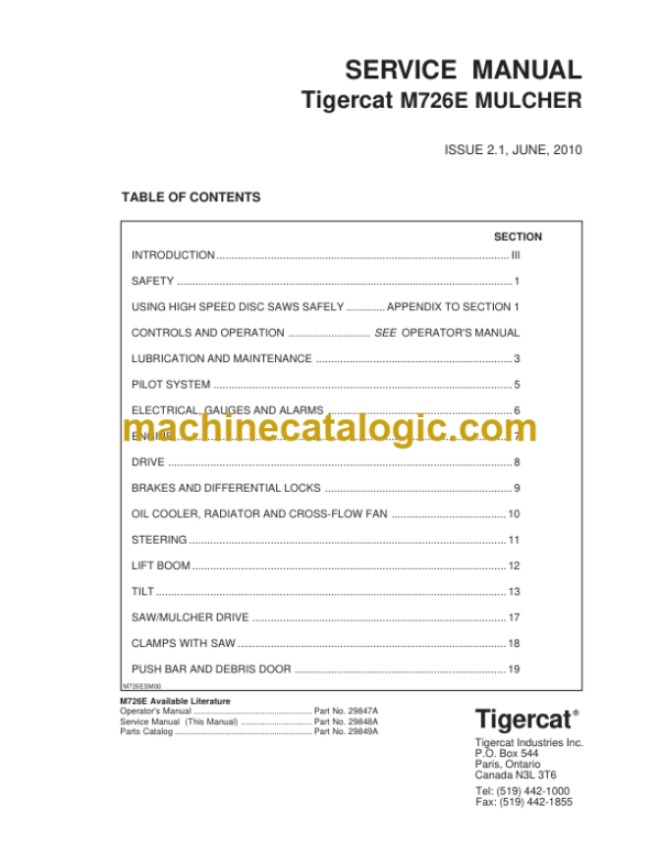 Tigercat M726E Mulcher Service Manual (726M3501 - 726M5000) (29848A)