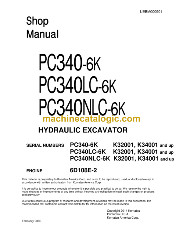 Komatsu PC340-6K PC340LC-6K PC340NLC-6K Hydraulic Excavator Shop Manual (UEBM000901)