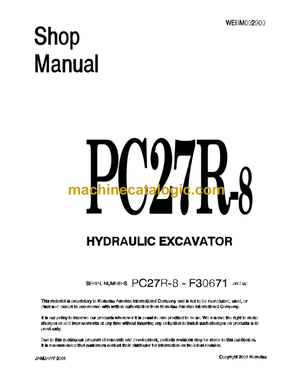 Komatsu PC27R-8 Hydraulic Excavator Shop Manual (WEBM002900)