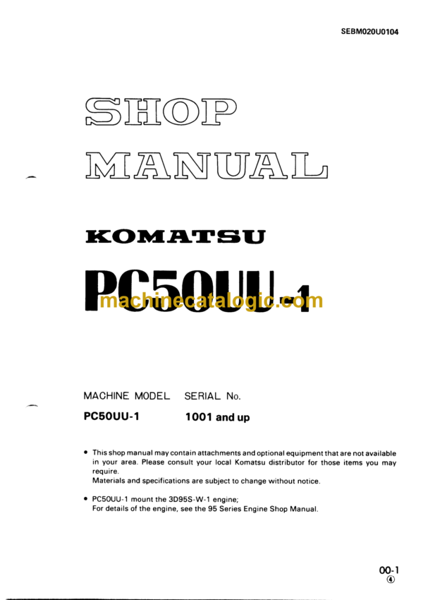 Komatsu PC50UU-1 Hydraulic Excavator Shop Manual (SEBM020U0104)