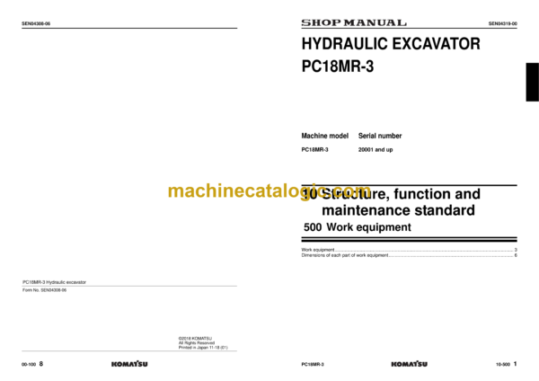 Komatsu PC18MR-3 Hydraulic Excavator Shop Manual (SEN04306-06)