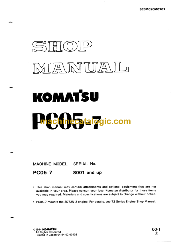 Komatsu PC05-7 Hydraulic Excavator Shop Manual (SEBM020M0701)