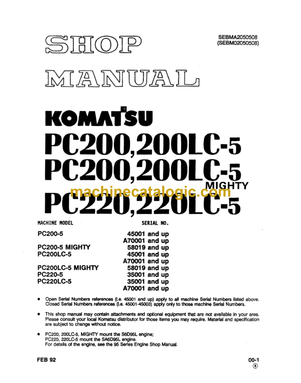 Komatsu PC200 PC200LC-5 Mighty PC220 PC220LC-5 Hydraulic Excavator Shop Manual (SEBMA2050508)