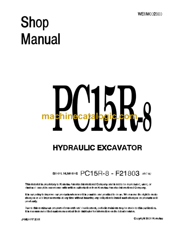 Komatsu PC15R-8 Hydraulic Excavator Shop Manual (WEBM002800)