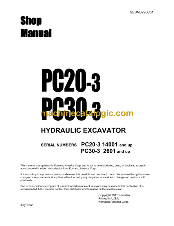 Komatsu PC20-3 PC30-3 Hydraulic Excavator Shop Manual (SEBM0225C01)