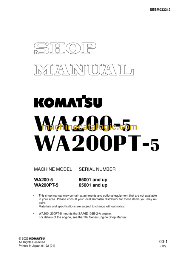 Komatsu WA200-5 WA200PT-5 Shop Manual (SEBM033312)