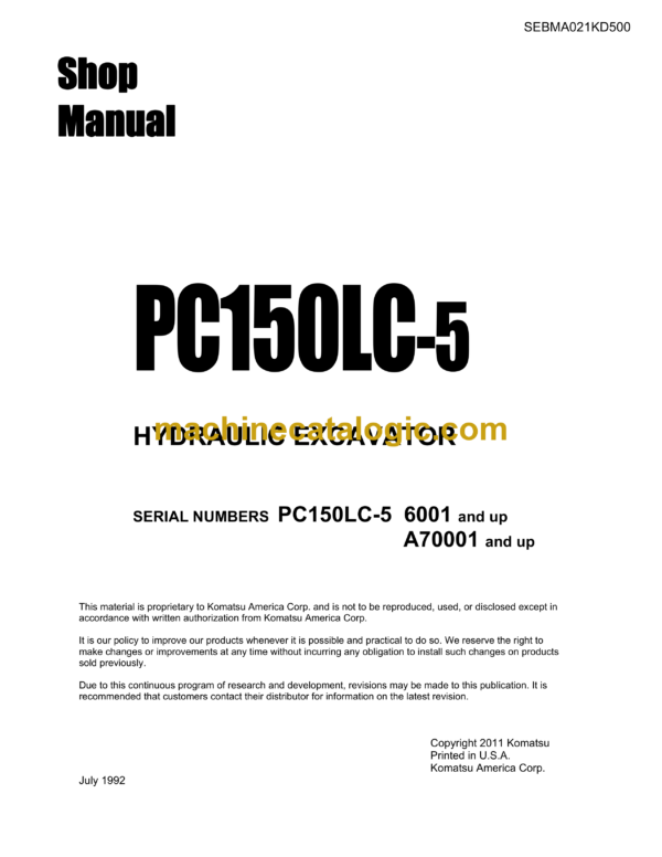 Komatsu PC150LC-5 Hydraulic Excavator Shop Manual (SEBMA021KD500)