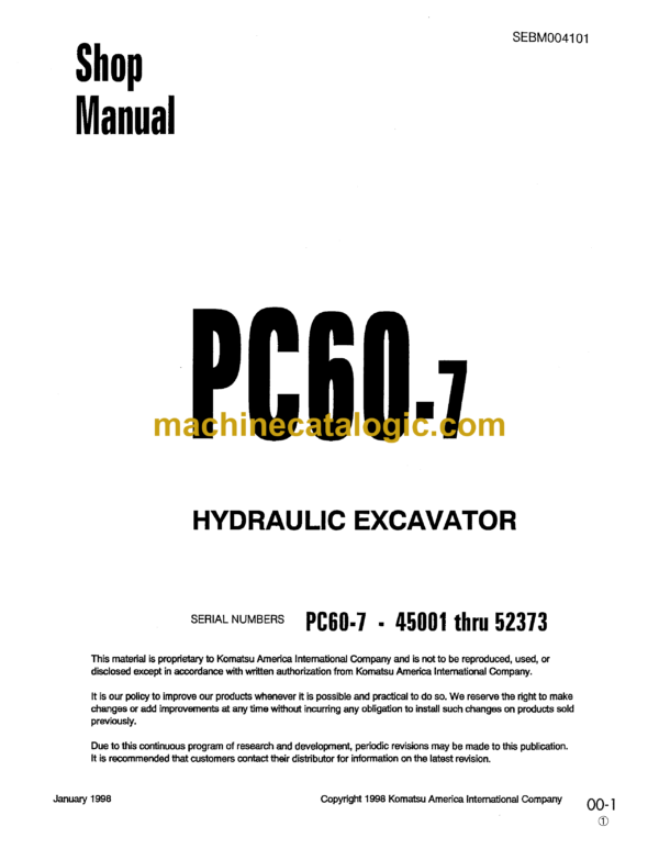 Komatsu PC60-7 Hydraulic Excavator Shop Manual (SEBM004101)