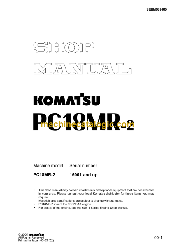 Komatsu PC18MR-2 Hydraulic Excavator Shop Manual (SEBM038400)