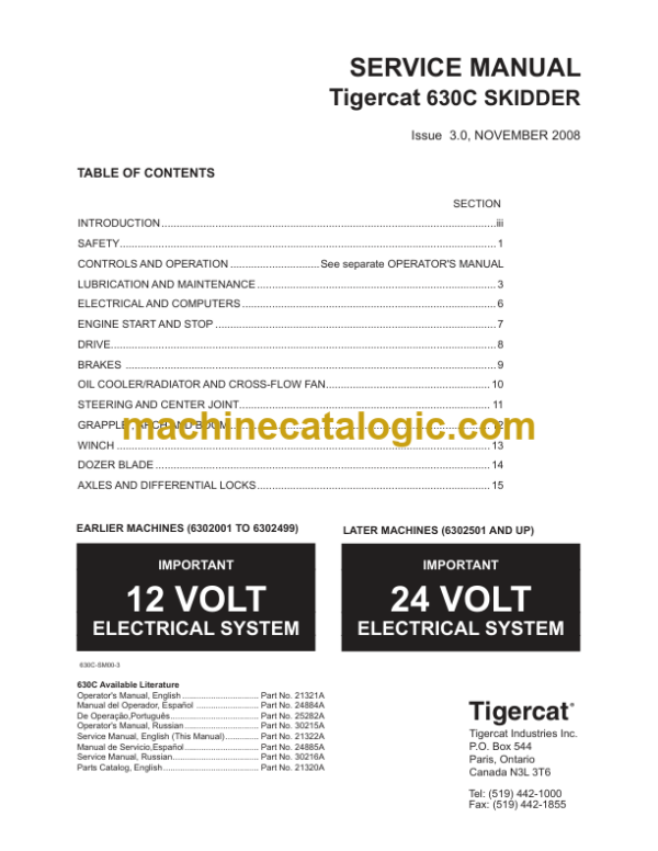 Tigercat 630C Skidder Service Manual (6302001 - 6303000) (21322A)