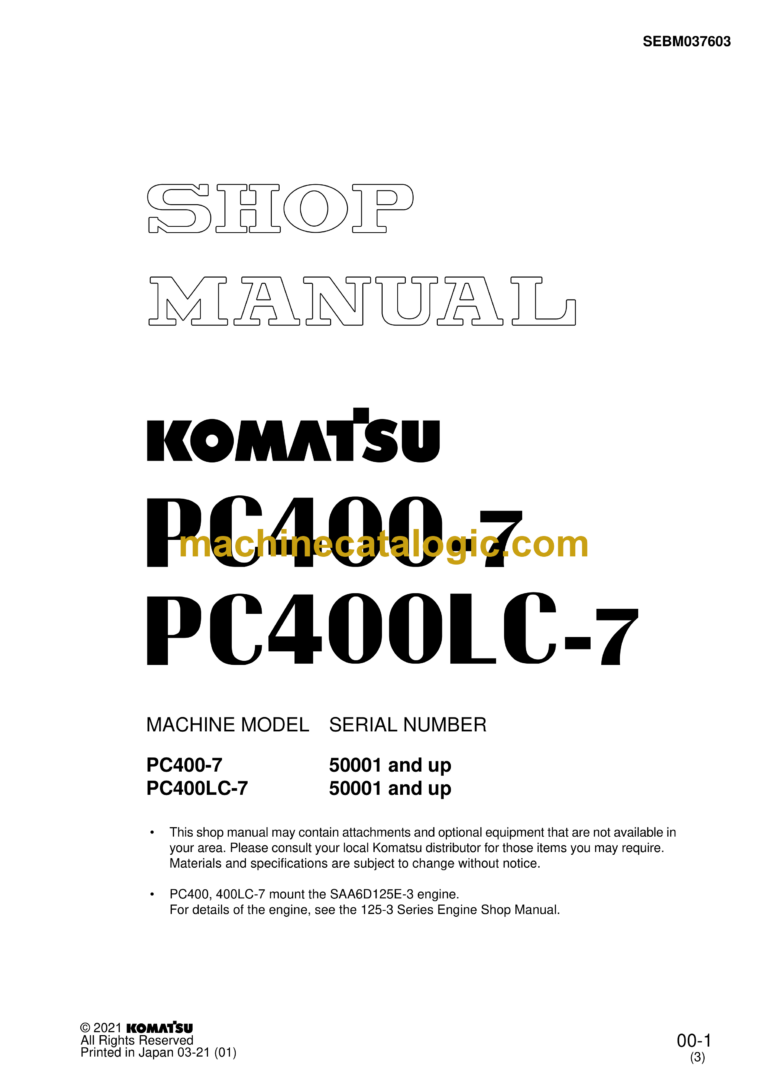 Komatsu PC400-7 PC400LC-7 Hydraulic Excavator Shop Manual (SEBM037603)