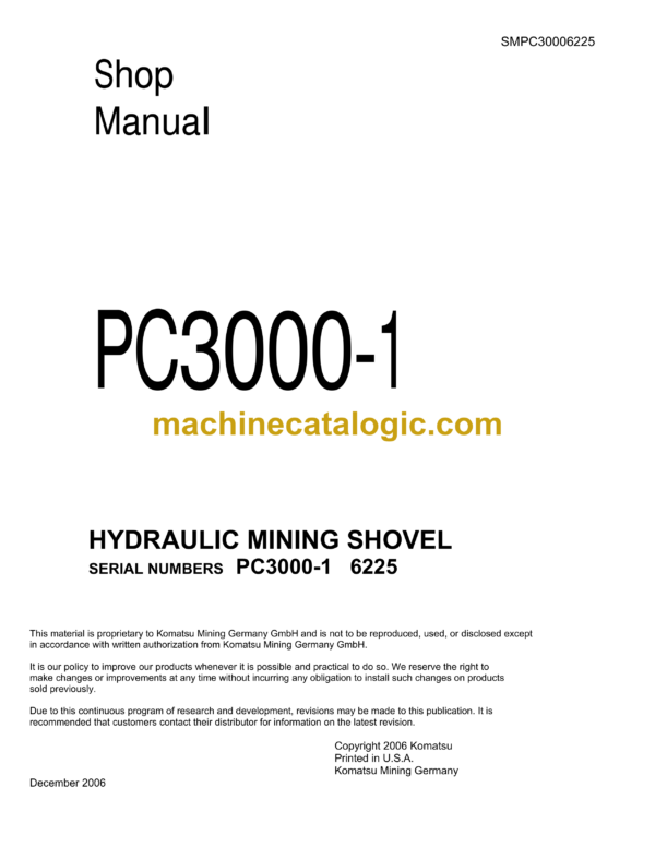 Komatsu PC3000-1 Hydraulic Mining Shovel Shop Manual (SMPC30006225)