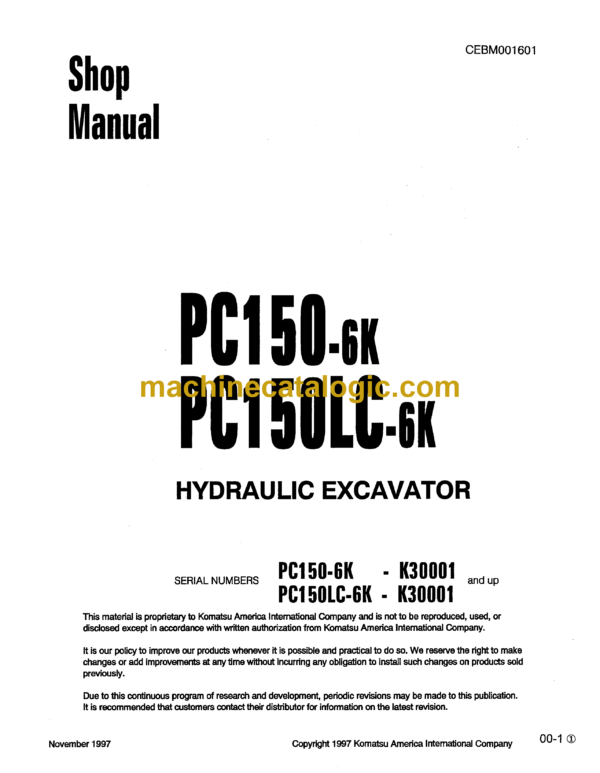 Komatsu PC150-6K PC150LC-6K Hydraulic Excavator Shop Manual (CEBMOO1601)