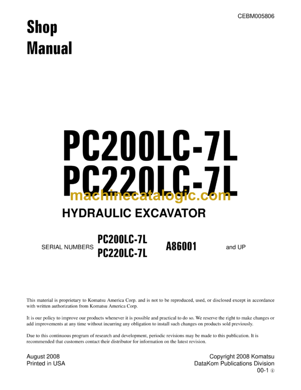 Komatsu PC200LC-7L PC220LC-7L Hydraulic Excavator Shop Manual (CEBM005806)