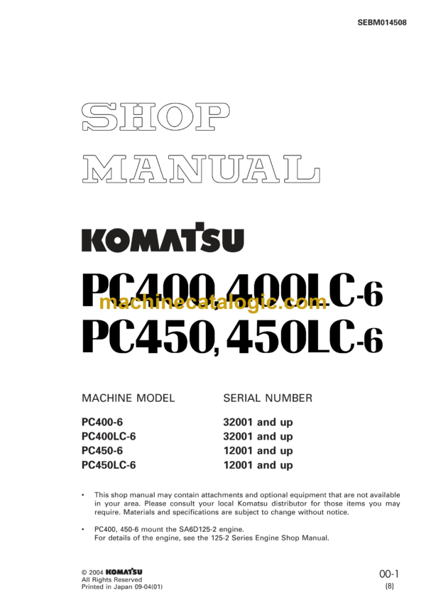 Komatsu PC400 PC400LC-6 PC450 PC450LC-6 Hydraulic Excavator Shop Manual (SEBM014508)