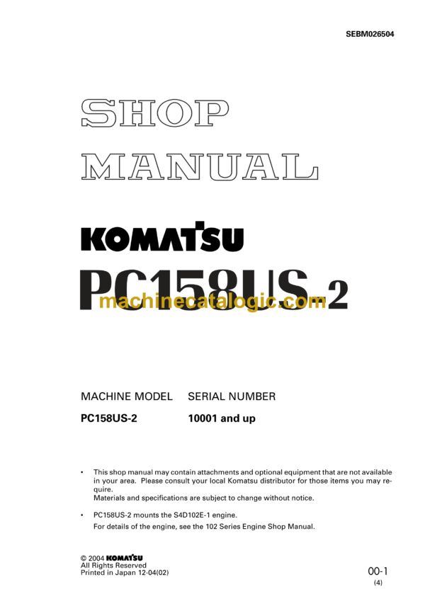 Komatsu PC158US-2 Hydraulic Excavator Shop Manual (SEBM026504)