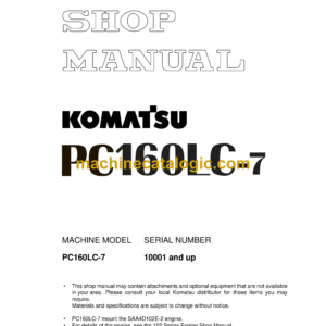 Komatsu PC160LC-7 Hydraulic Excavator Shop Manual (SEBM028603)