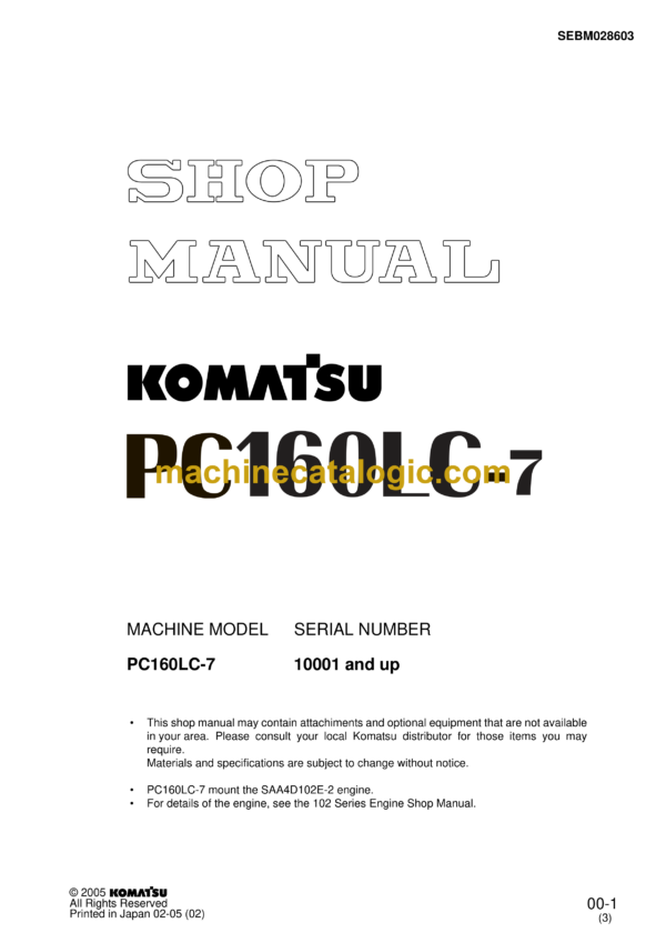 Komatsu PC160LC-7 Hydraulic Excavator Shop Manual (SEBM028603)