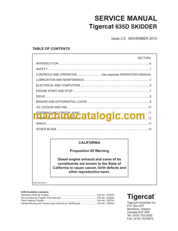 Tigercat 635D Skidder Service Manual (6351001 - 6351500) (33284A)