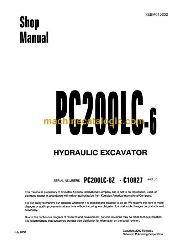 Komatsu PC200LC-6 Hydraulic Excavator Shop Manual (SEBM010202)