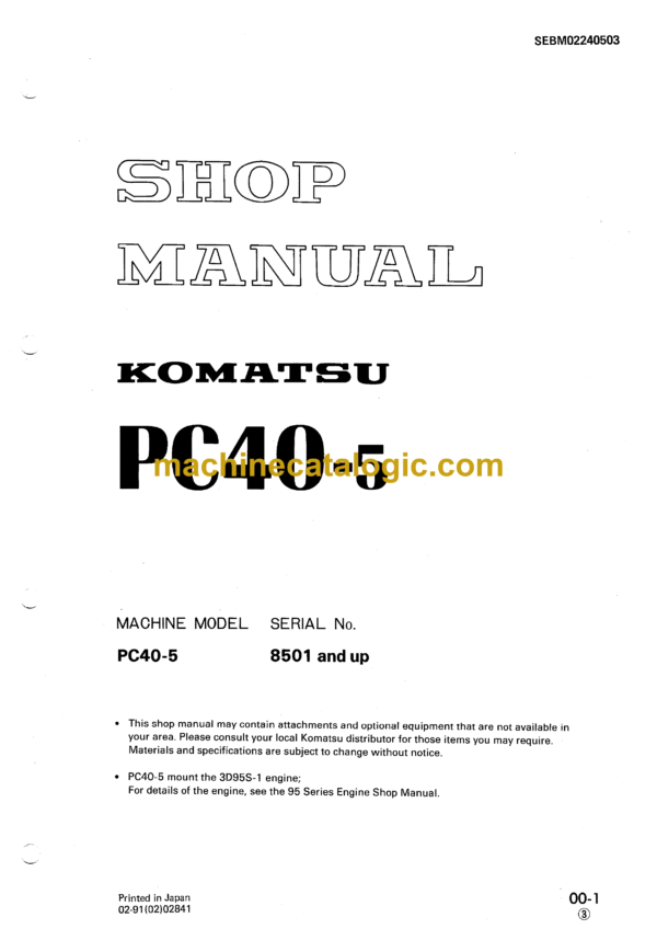 Komatsu PC40-5 Hydraulic Excavator Shop Manual (SEBM02240503)