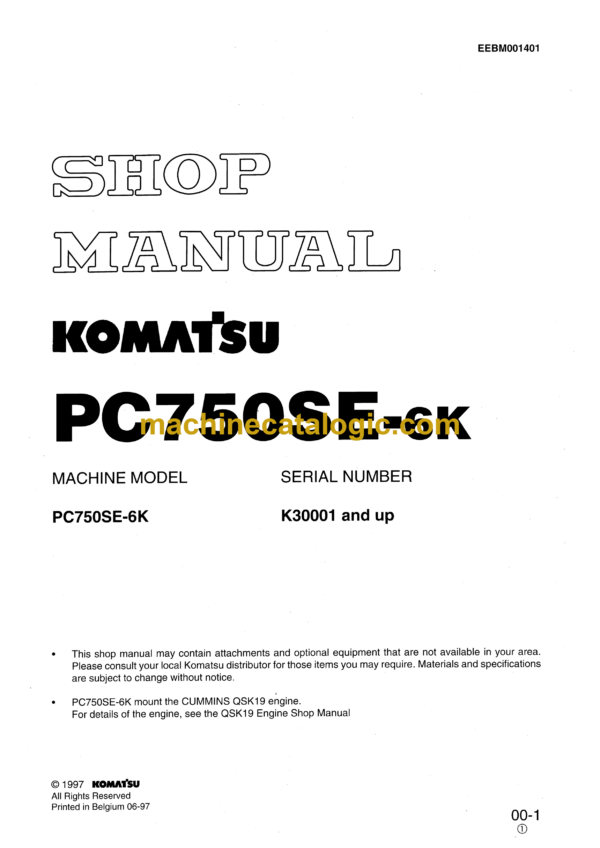 Komatsu PC750SE-6K Hydraulic Excavator Shop Manual (EEBM001401)