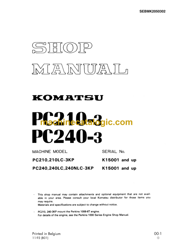 Komatsu PC210-3 PC240-3 Hydraulic Excavator Shop Manual (SEBMK2050302)