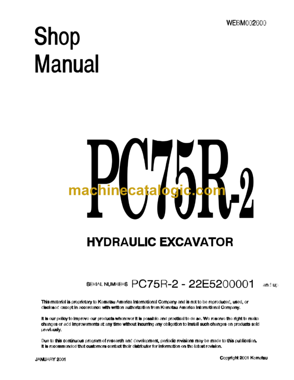 Komatsu PC75R-2 Hydraulic Excavator Shop Manual (WEBM002600)