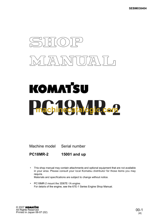 Komatsu PC18MR-2 Hydraulic Excavator Shop Manual (SEBM038404)