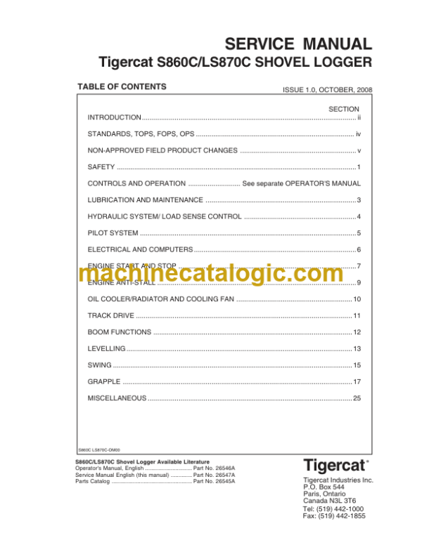 Tigercat LS870C Shovel Logger Service Manual (87001501 - 87002499) (26547A)