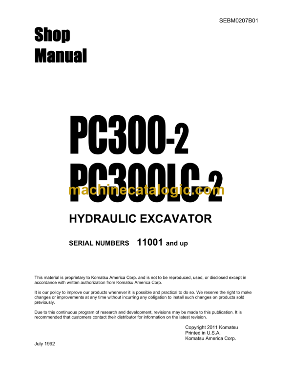 Komatsu PC300-2 PC300LC-2 Hydraulic Excavator Shop Manual (SEBM0207B01)