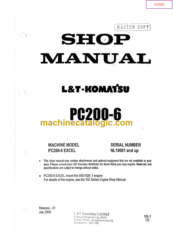 Komatsu PC200-6 Hydraulic Excavator Shop Manual (NL10001 and up)